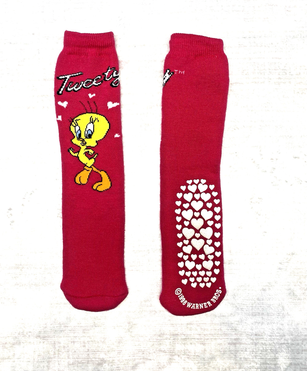 Vintage 90s Tweety SLIPPER SOCKS 1998 Looney Tunes Pink Comfy Retro Throwback
